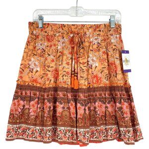 NWT BaeVely L Orange Floral Boho Mini Skirt High Waist Elastic Drawstring Teired